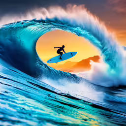 a man is riding a wave with his surf board,a surfer is riding a big wave in the ocean