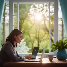 woman using laptop in front of large window