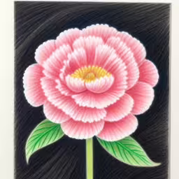 an image of a pink flower on a black background,a drawing of a flower on a black background,this painting depicts a pink flower on a black background,an intricately decorated card features a single pink flower on black,an image of a flower painted on a black surface