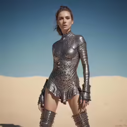 woman dressed in silver standing on sand dune with desert background