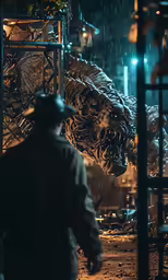 a man standing next to an alligator in the dark