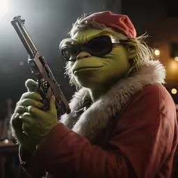 a person with a gun wearing sunglasses and a costume