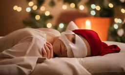 a kid is laying down with a christmas face mask