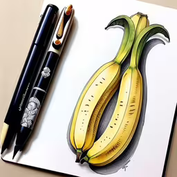 a drawing of a banana on paper next to a fountain pen