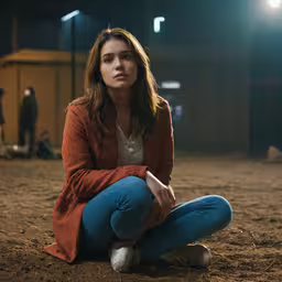 a young woman crouches down in an empty barnyard at night,a beautiful young lady sitting on the ground in an indoor arena