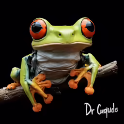 a frog with big red eyes sitting on a branch