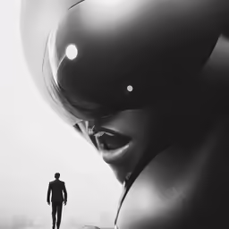man standing in front of the face of a giant alien woman with her head cocked