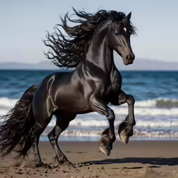 the galloping horse is running through the sand on the beach