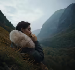 the young woman is walking in the grass in front of the mountains