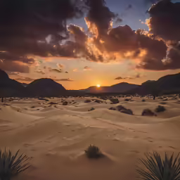 a sun set over a sandy desert with mountains in the distance