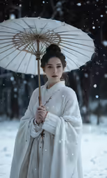 a young woman is dressed in white and holds a parasol in the snow