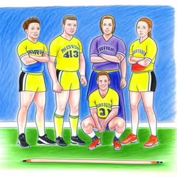 a drawing of a group of people in yellow shirts,four different football players in uniforms are standing together