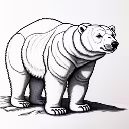 there is a bear on the ground looking forward,a drawing of a large polar bear sitting on a hill,a black and white picture of a polar bear,there is a black and white image of a polar bear,the drawing shows a polar bear in the picture