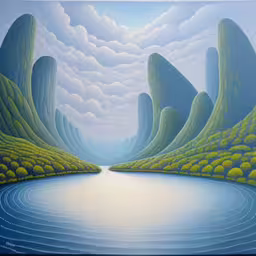there are many clouds above the water and mountains,a painting of several mountains with a river in the foreground and the clouds in the background,a painting on the wall of some sort of landscape,a painting depicting mountains, lake, and grass,large painting with blue, green, and white clouds
