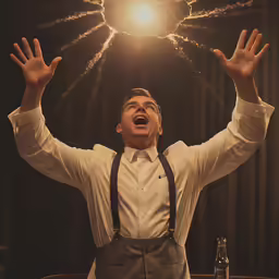 a man in suspenders and a white shirt is standing with his arms up, and has one eye open