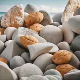 a rock beach with many different colored rocks and one with sand crabs