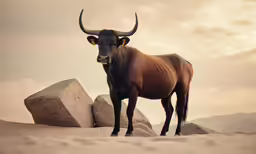 a bull stands next to a large rock in the desert