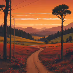 this is a painting of a dirt road going to a forest,a sunset view shows red flowers, telephone wires and hills