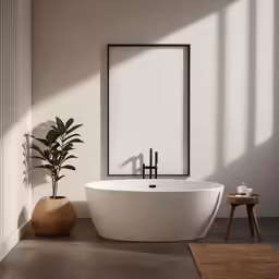 the bathtub is in a modern room near a table