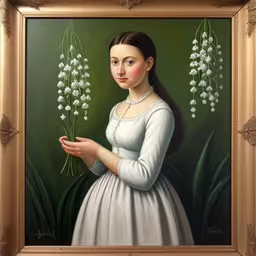 a painting of a woman in white holding flowers,this is a painting of a woman in white holding lily of the valley,the painting depicts a woman in white holding flowers,the portrait is on display in a gilded frame,a painting of a woman holding a bunch of flowers