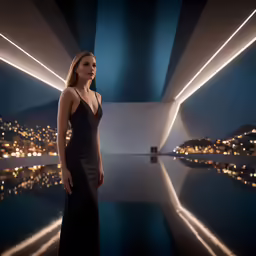 the girl in a black dress is standing by the water