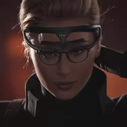 a woman is wearing glasses and looking into the distance