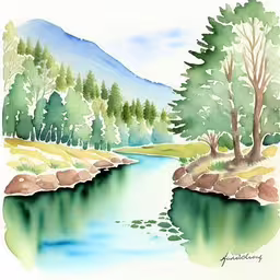 a painting of trees and mountains are depicted
