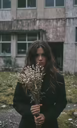 a woman holds some flowers in her hands