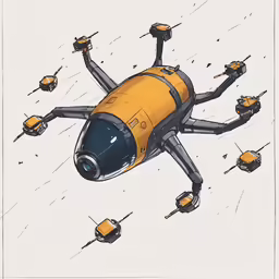 a drawing of a small yellow jet flying over a city