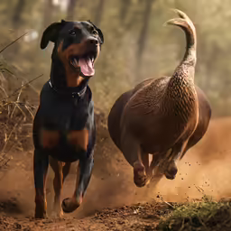 a dog that is chasing another dog in the dirt