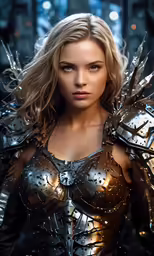 a woman dressed in armor poses for a photo