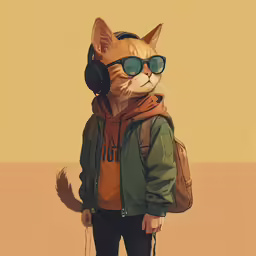 a cat with headphones is standing and staring