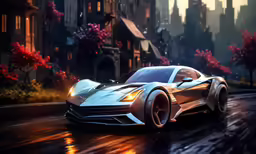 the white car is in front of a city