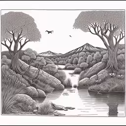 a pen drawing of trees, grass, rocks and water,a drawing of trees on the shoreline near water