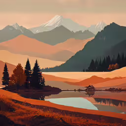 this is an art print of the mountain range,an image of a beautiful landscape with mountains and a lake