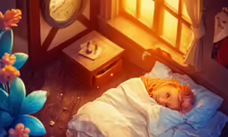 the young child is sleeping on her bed