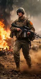 a soldier holding an arp and an akuri,the soldier is holding a gun near a bunch of bushes
