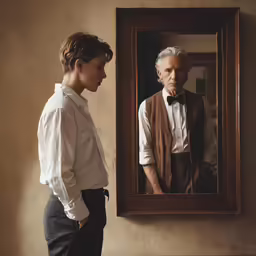 the man standing in front of the mirror is looking at his reflection