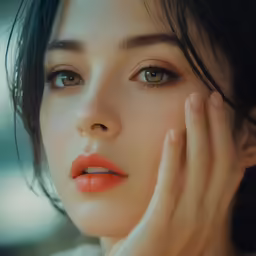 a woman with dark hair wearing orange lipstick
