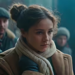a girl is wearing a scarf and looking into the camera