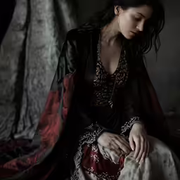 a woman in an ornate outfit looking down