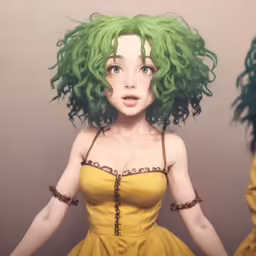 a woman with bright green hair looks surprised