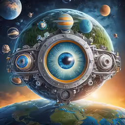 the painting is of an eyeball shaped structure floating above the earth