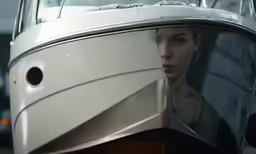 woman is sitting on a boat with reflection of her