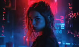 a young woman standing in the middle of a city at night with a red light
