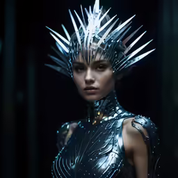 a close up shot of a model wearing a shiny outfit and very spiked hair