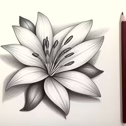 a pencil drawing of a flower sitting on a white sheet,a drawing of a flower is being drawn on paper