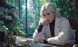 the witch is sitting at the table looking