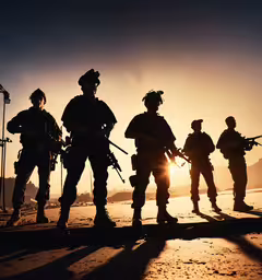 silhouette of armed soldiers holding gun