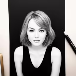 a woman sitting in front of a black wall